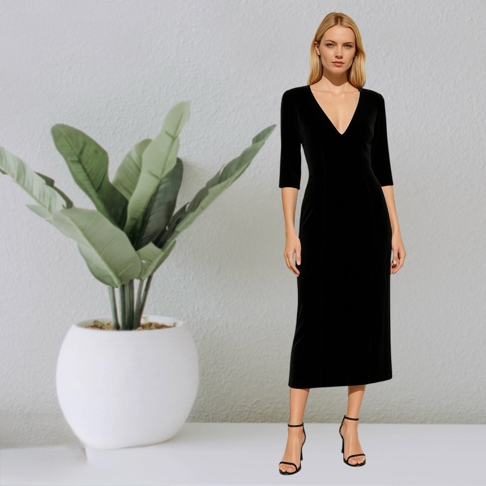 Vtg 90s Midnight Blue Stretch Velvet Sheath Dress 6 Small/Medium